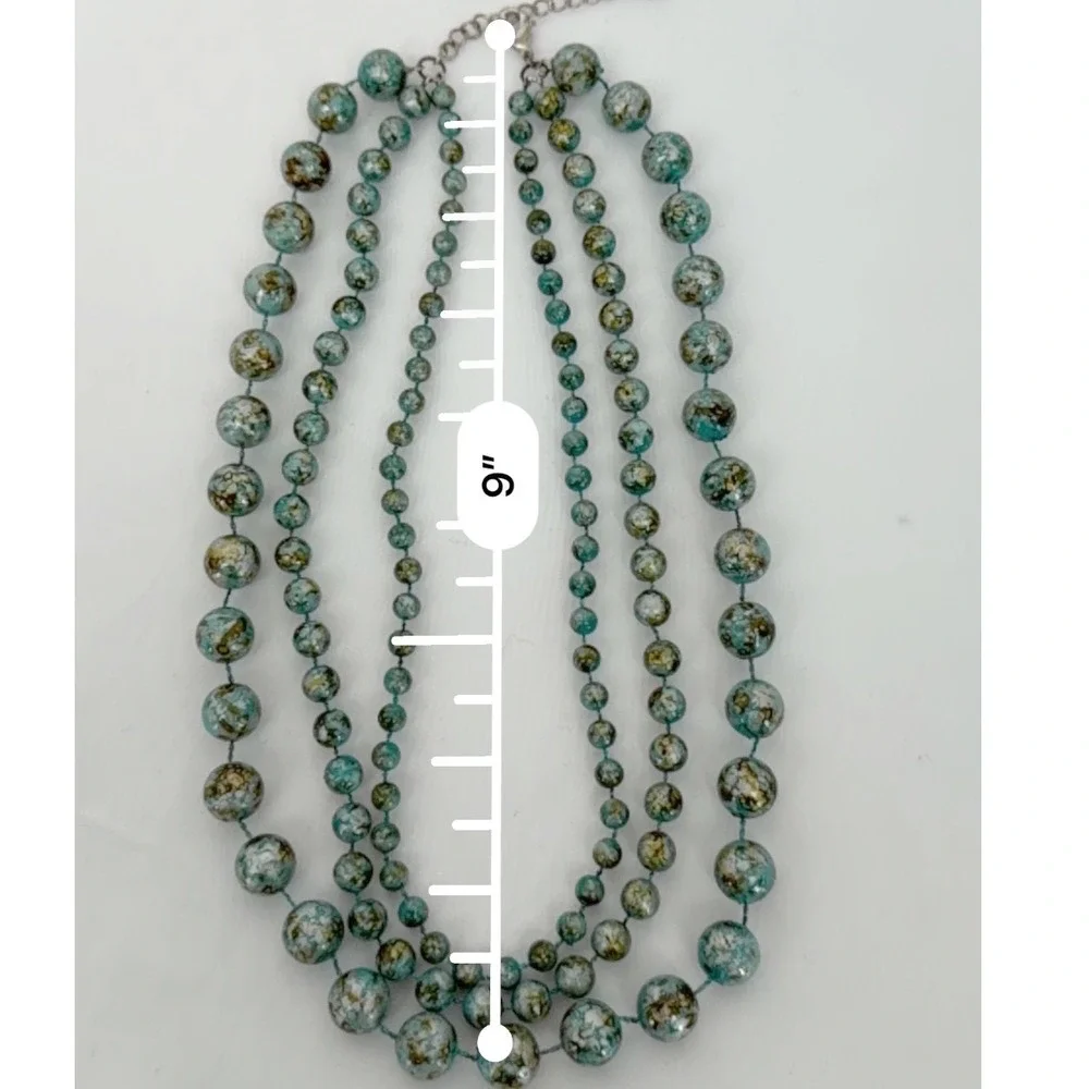 Teal Blue Gold Mottled Triple Strand Beaded Statement Necklace Graduated Layered